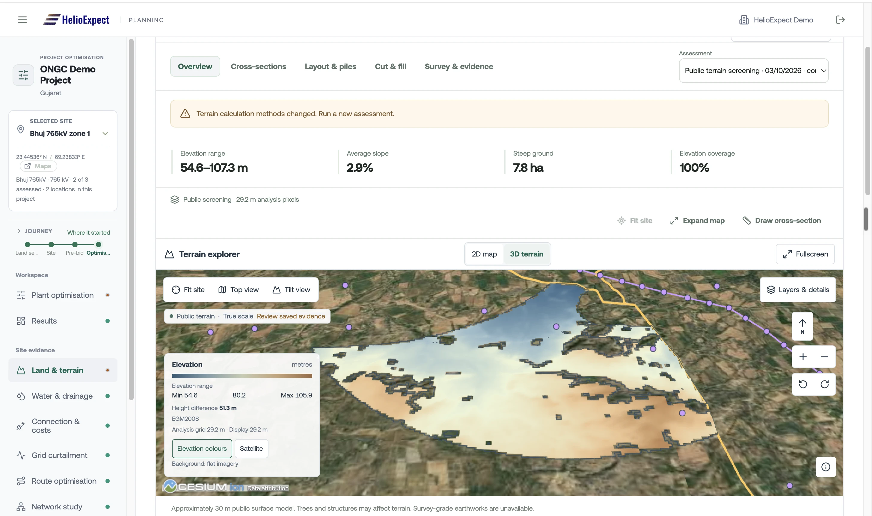 Planner Land & terrain workspace for a demo project, showing a 3D terrain map, elevation colours, slope and coverage